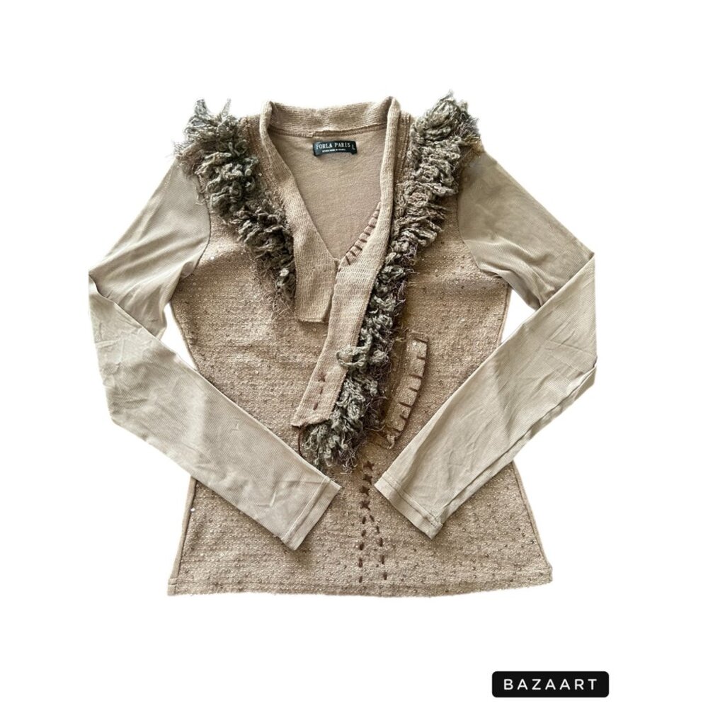 FORLA PARIS  V-Neck Sweater Multi Texture Artsy Unique Boutique Style
